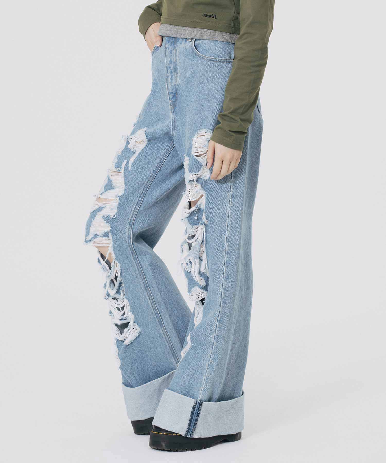 DISTRESSED ROLL UP DENIM PANTS