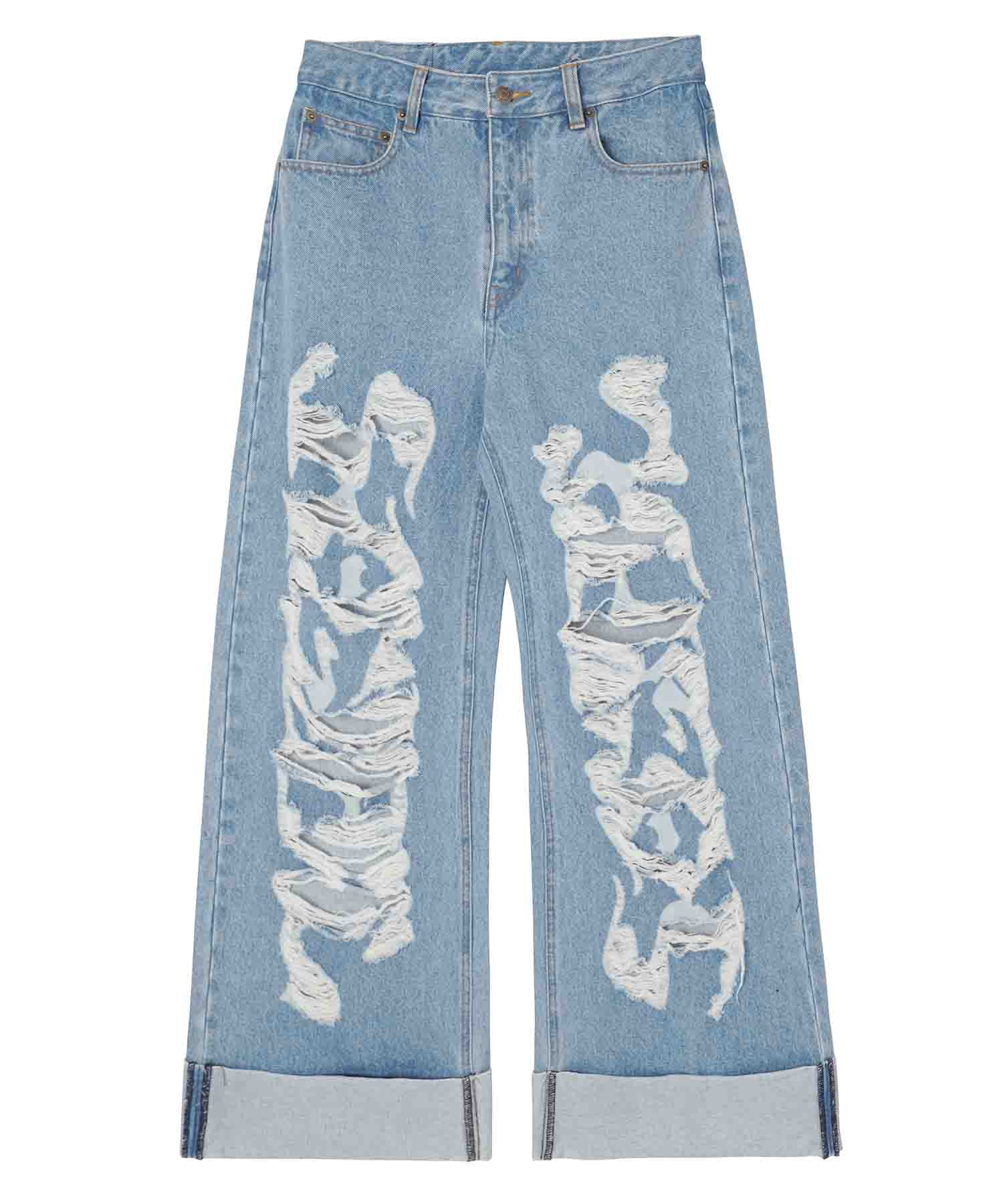 DISTRESSED ROLL UP DENIM PANTS