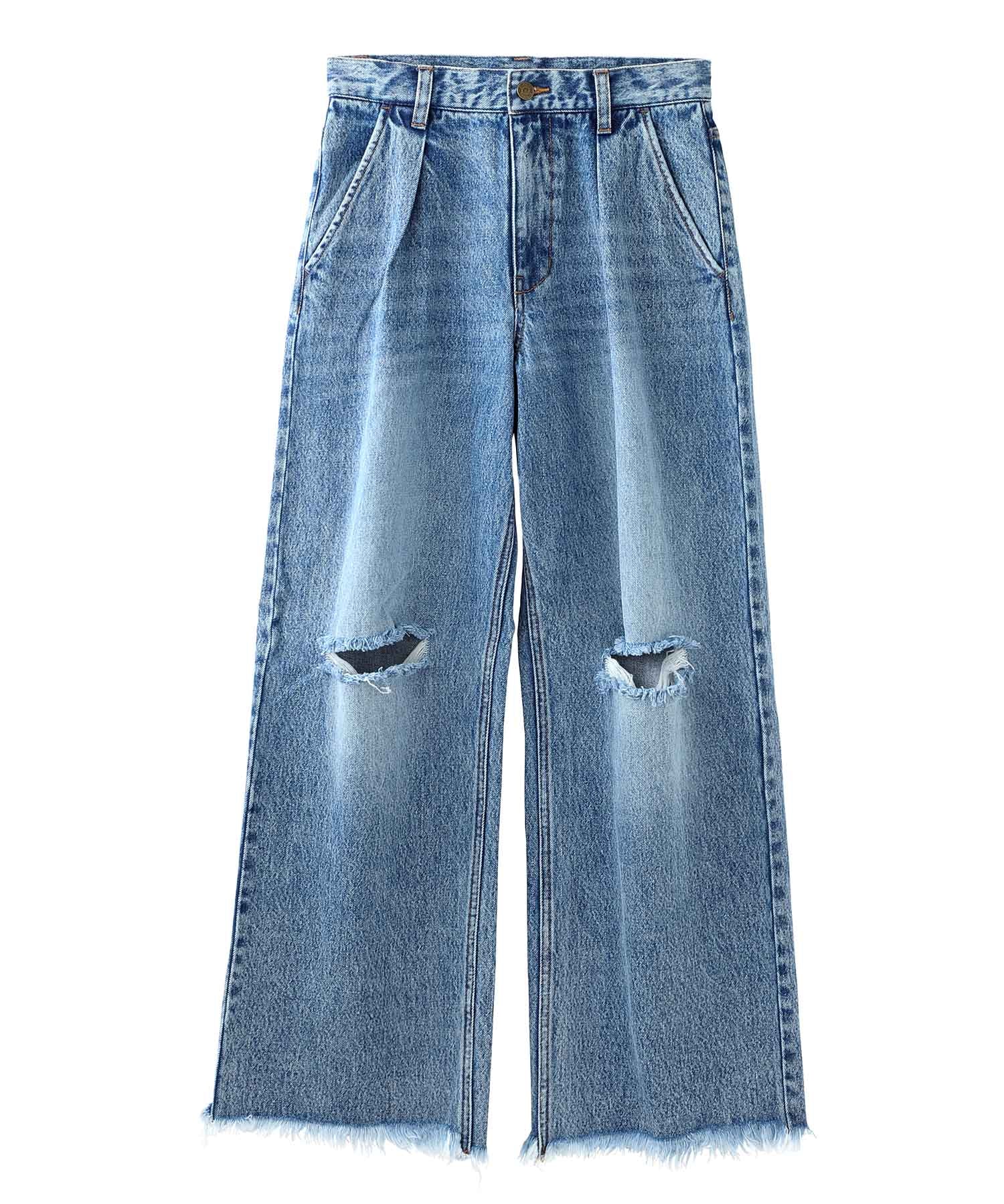 KNEE SLIT WIDE LEG DENIM PANTS