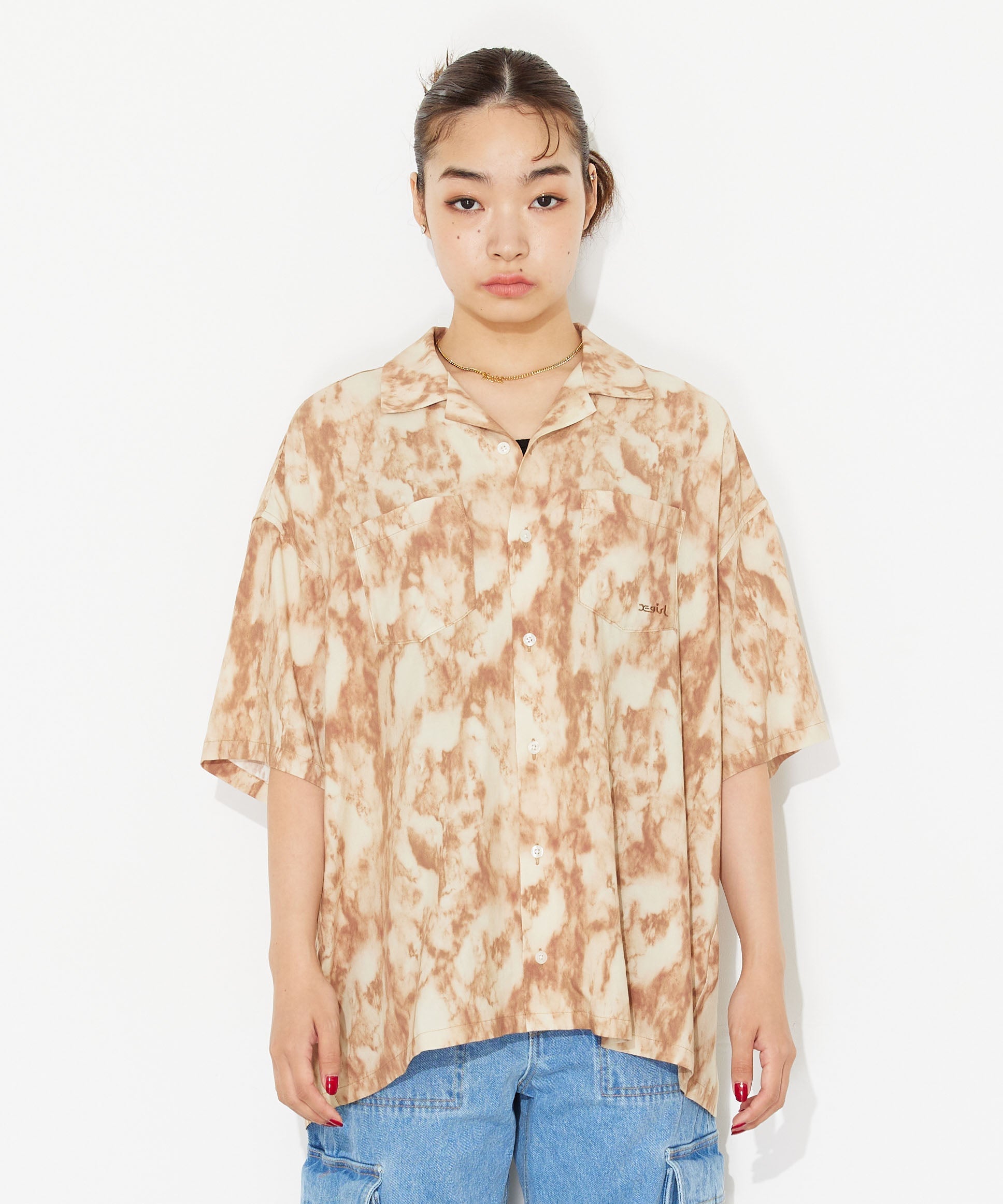 MARBLE PRINT OPEN COLLAR SHIRT